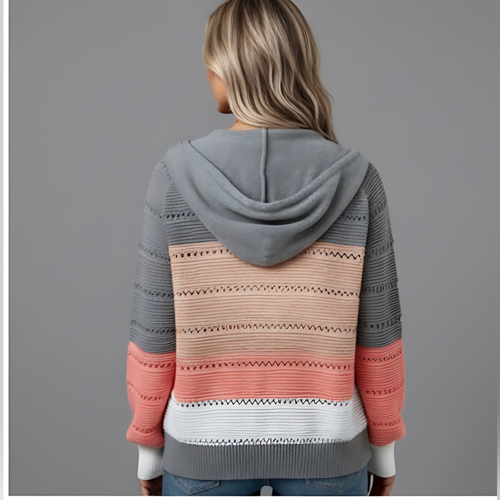 Pointelle Knit Drawstring Zip Hooded Cardigan - Picture 6 of 8